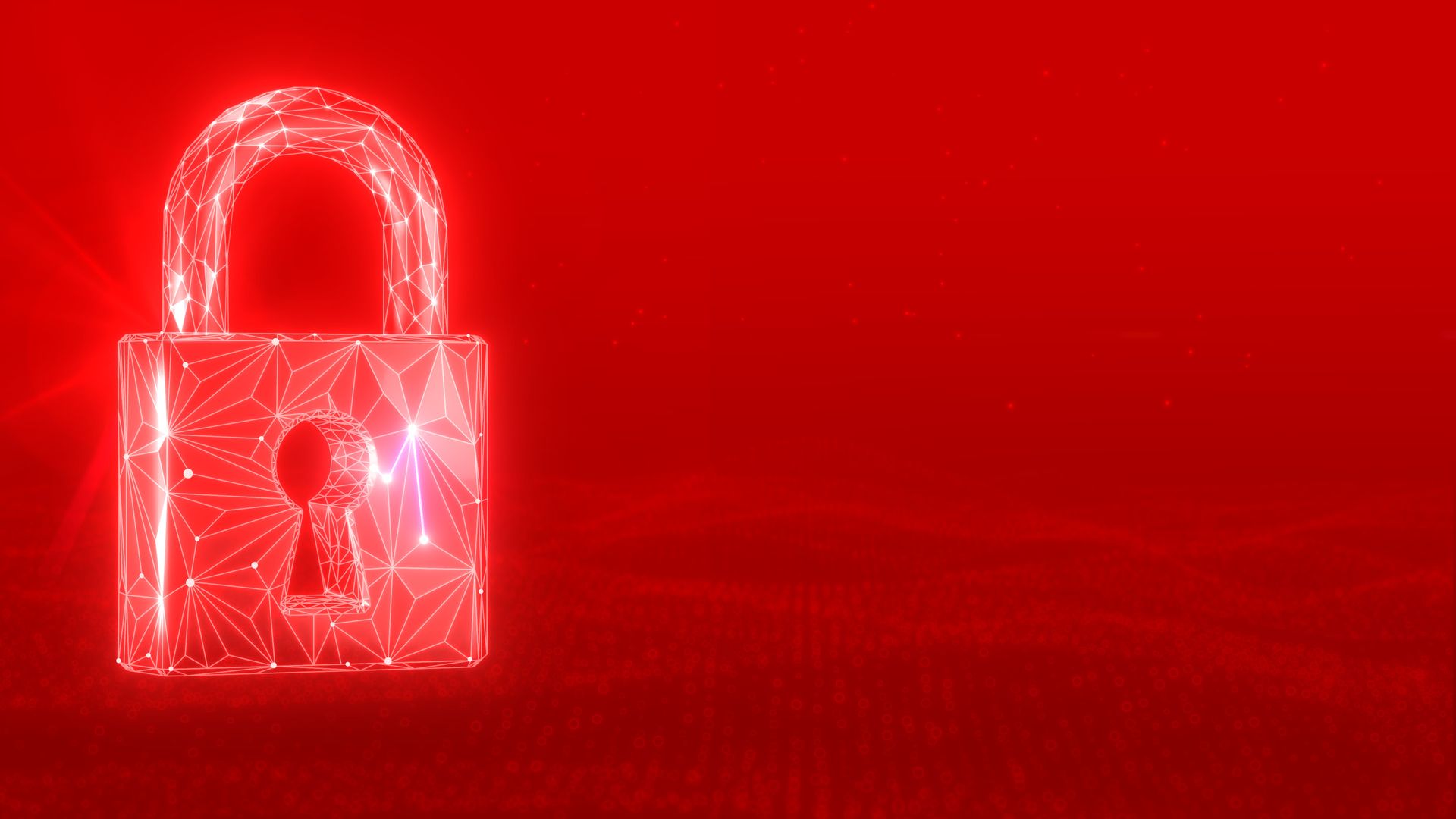 Ein stilisiertes, leuchtendes Vorhängeschloss aus geometrischen Linien und Formen vor einem roten Hintergrund. Das Design vermittelt den Eindruck von Sicherheit und Schutz in einer digitalen oder technologischen Umgebung. Die Szene ist abstrakt und symbolisiert möglicherweise Cyber-Sicherheit oder Datenschutz.