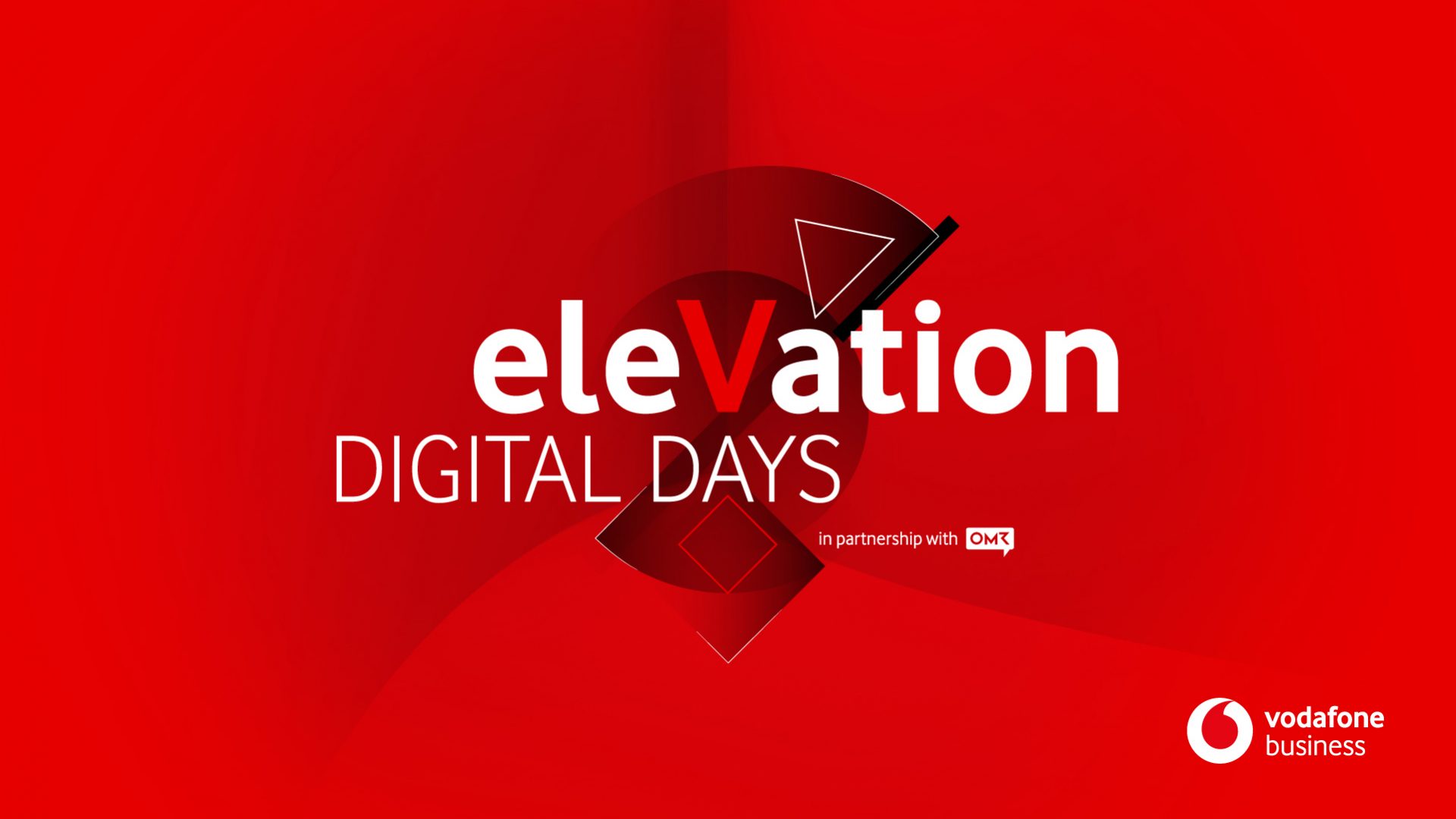 Roter Hintergrund mit dem Text "elevation DIGITAL DAYS" in weißer Schrift. Das "V" in "elevation" ist hervorgehoben und stilisiert. Darunter steht "in partnership with Chat" in kleinerer Schrift. Unten rechts befindet sich das Vodafone Business-Logo.