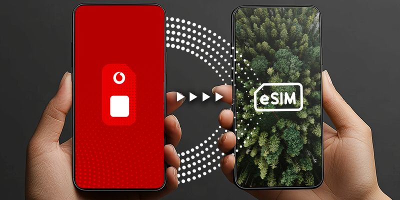 Zwei Smartphones werden nebeneinander gehalten. Das linke Gerät zeigt ein rotes Display mit einem SIM-Karten-Symbol von Vodafone, während das rechte Gerät ein grünes Display mit einem eSIM-Symbol zeigt. Zwischen den Geräten sind Pfeile und Punkte, die den Datentransfer symbolisieren.