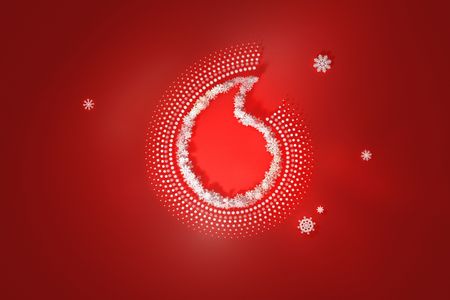 Vodafone-Logo aus Schneeflocken auf rotem Hintergrund, umgeben von weiteren Schneeflocken.
