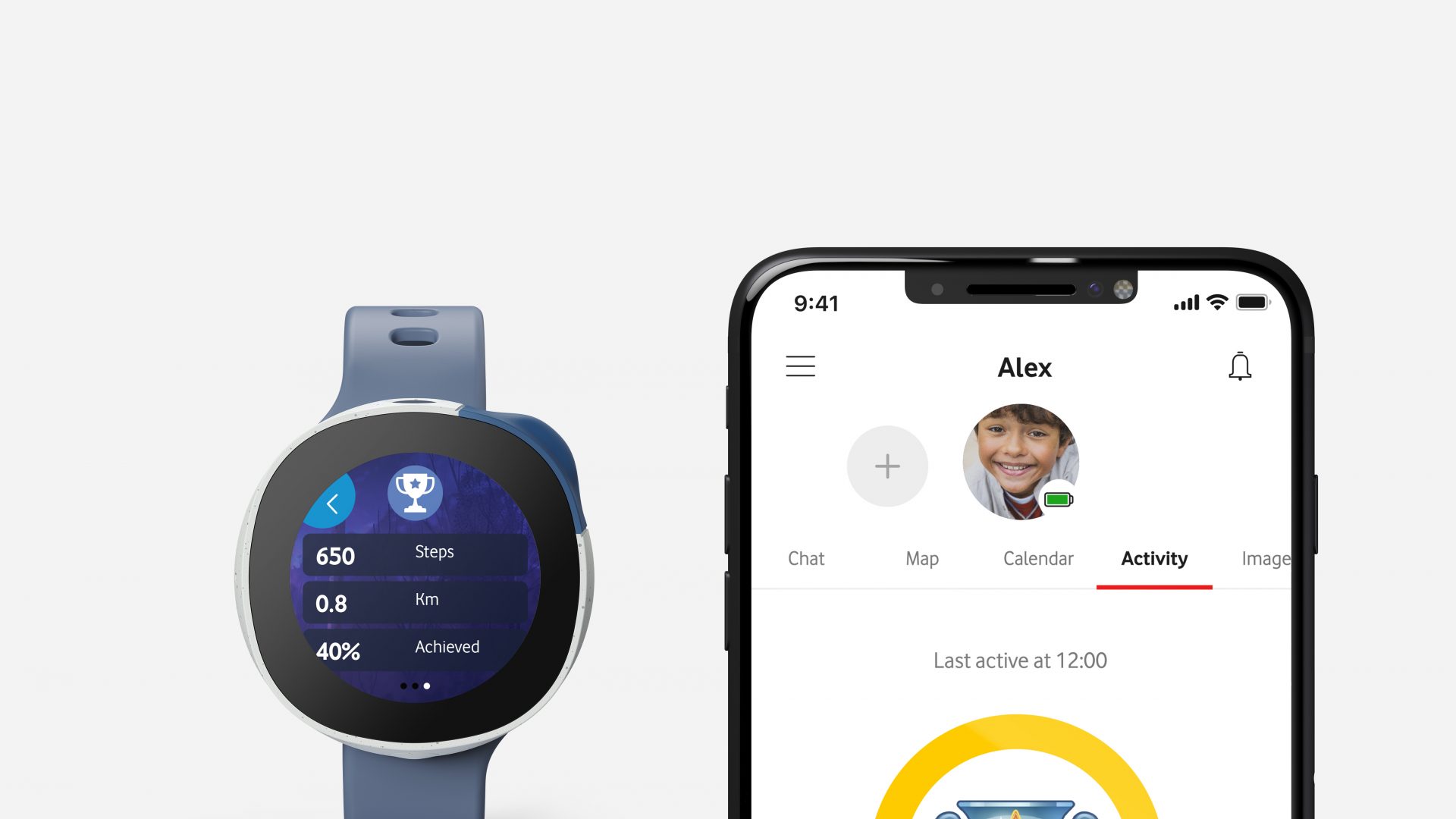  Eine Fitness-Smartwatch und ein Smartphone. Die Smartwatch zeigt 650 Schritte und eine Trophäe für ein erreichtes Ziel. Das Smartphone zeigt das Profil von "Alex" mit mehreren Menüoptionen, wobei "Activity" hervorgehoben ist. Der Hintergrund ist weiß und schlicht.