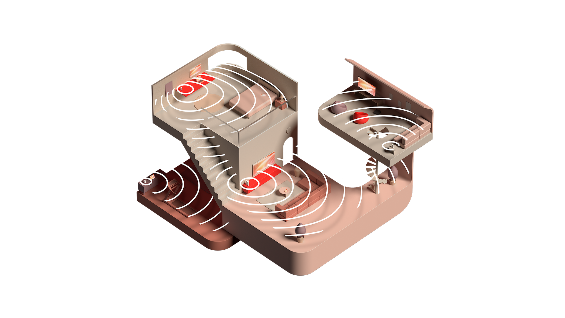 3D illustration of a house with several rooms and WLAN routers, the detection areas of which are represented by circles.