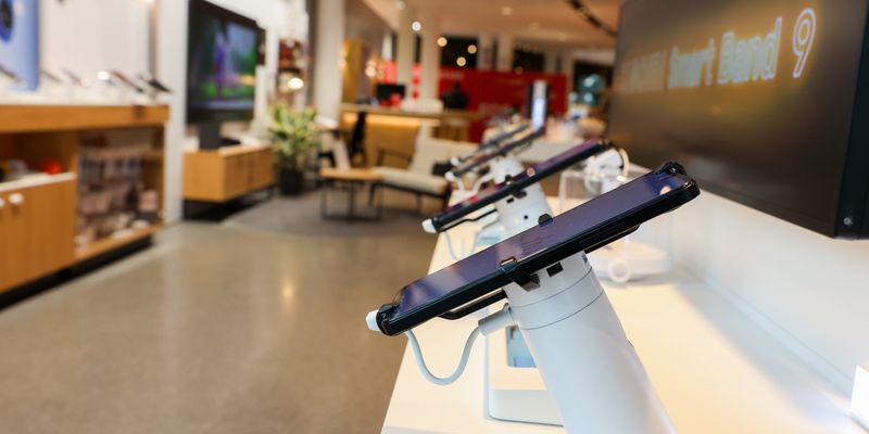Eine Reihe von Smartphones ist in einem modernen Vodafone Shop auf einem weißen Tisch ausgestellt. Die Geräte sind auf Ständern befestigt und präsentieren ihre Bildschirme dem Betrachter. Im Hintergrund sind weitere elektronische Produkte und Möbel zu sehen, die eine einladende und gut beleuchtete Verkaufsumgebung schaffen.